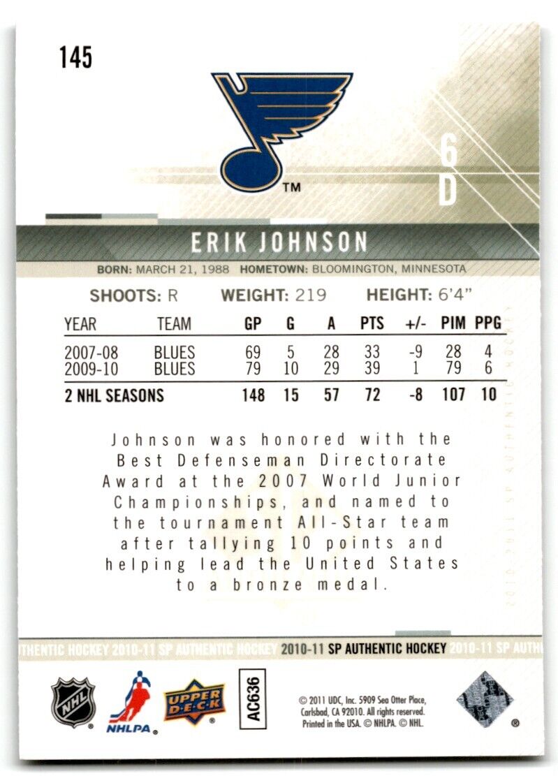 2010-11 SP Authentic Erik Johnson St. Louis Blues #145