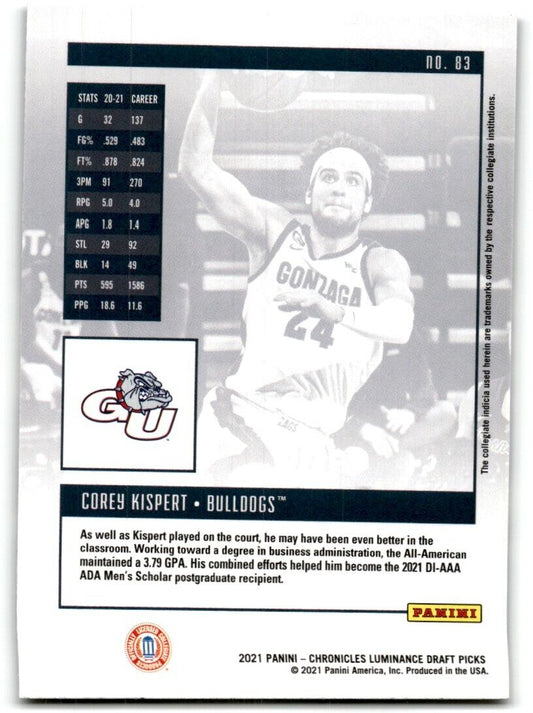 2021-22 Panini Chronicles Luminance Draft Picks Corey Kispert Gonzaga Bulldogs