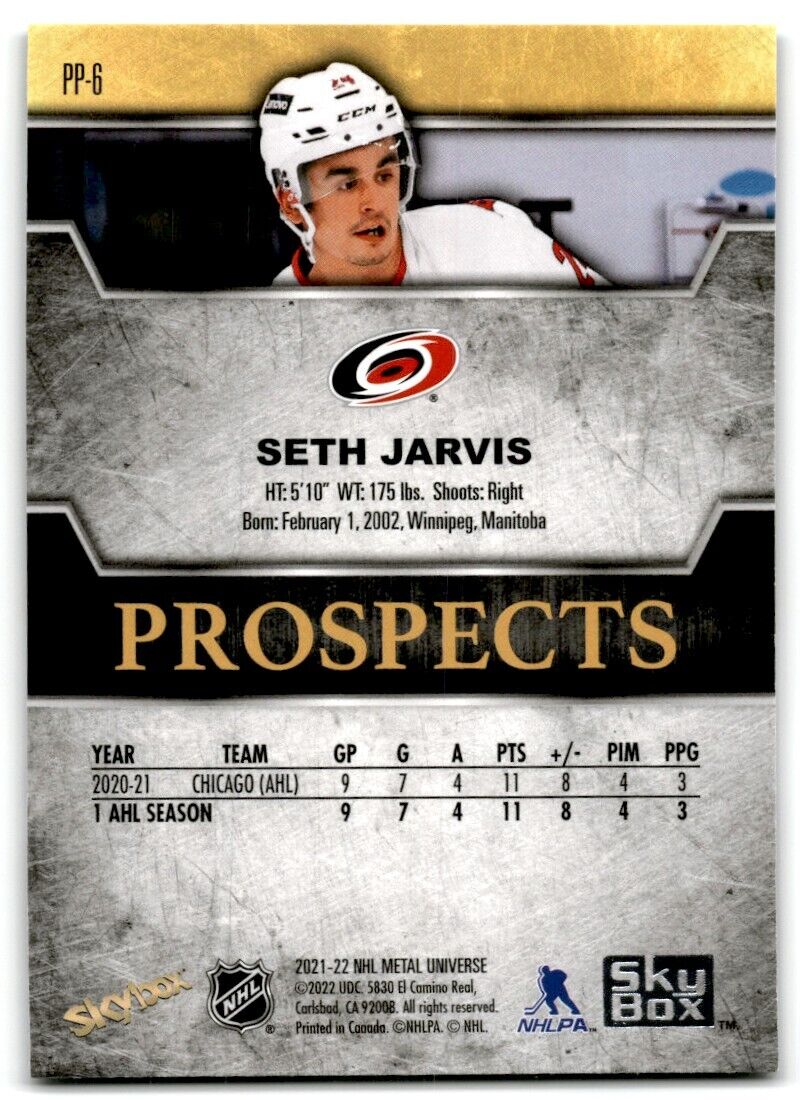 2021-22 Skybox Metal Universe Premium Prospects Seth Jarvis Saphire Carolina