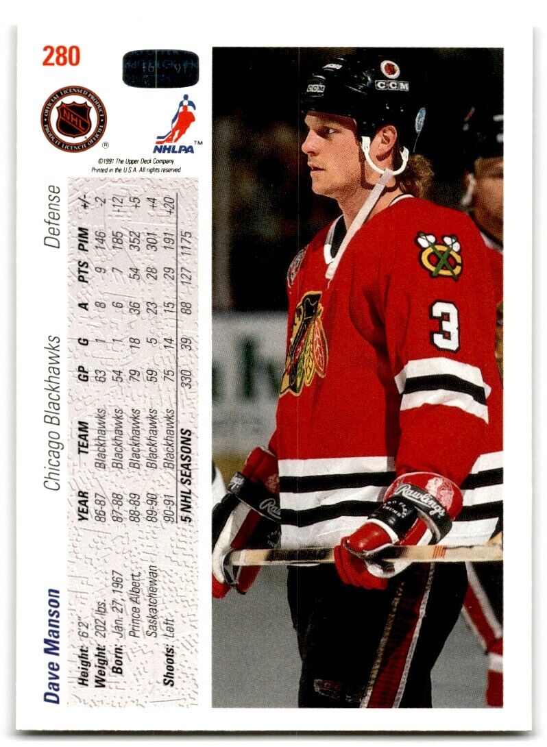 1991-92 Upper Deck Dave Manson Chicago Blackhawks #280