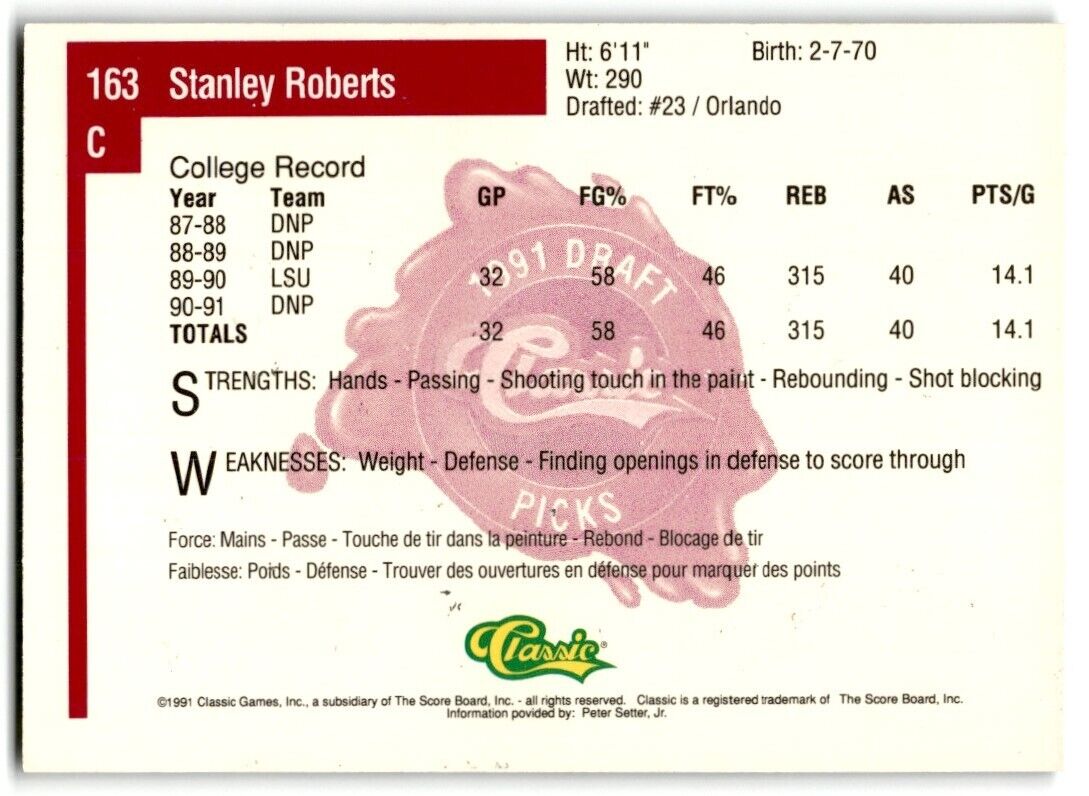 1991-92 Classic Stanley Roberts Rookie LSU Tigers #163