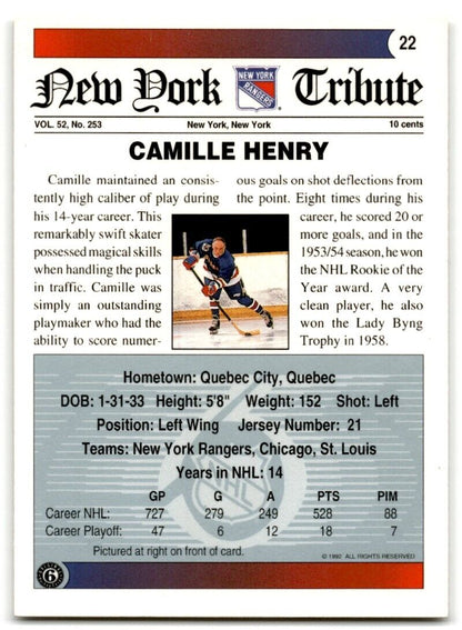 1991-92 Ultimate Original 6 Camille Henry New York Rangers #22