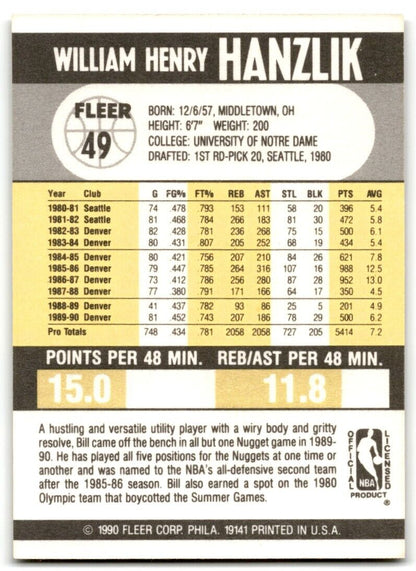 1990-91 Fleer Bill Hanzlik Denver Nuggets #49