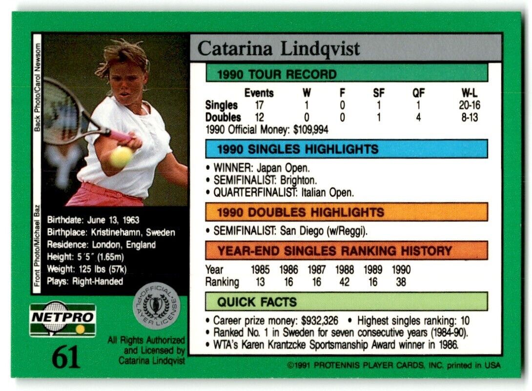 1991 Protennis player Cards Netpro Tour Star Catarina Lindqvist #61