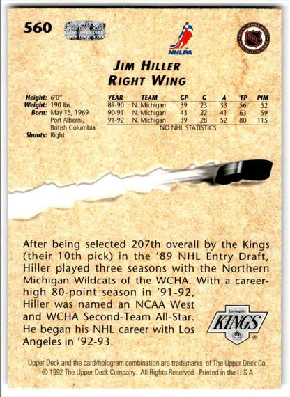 1992-93 Upper Deck Jim Hiller Rookie Los Angeles Kings #560