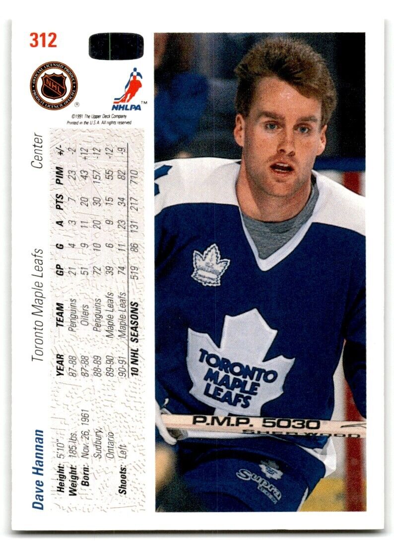 1991-92 Upper Deck Dave Hannan Toronto Maple Leafs #312