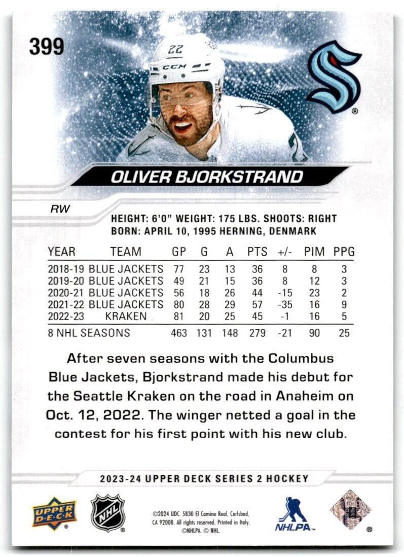 2023-24 Upper Deck Oliver Bjorkstrand Seattle Kraken #399