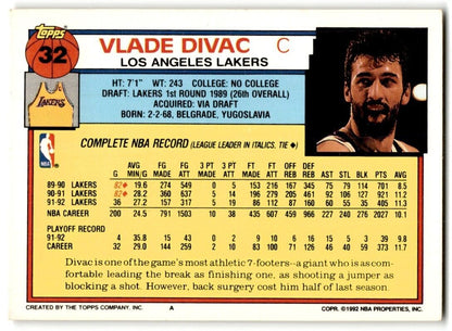 1992-93 Topps Vlade Divac Los Angeles Lakers #32