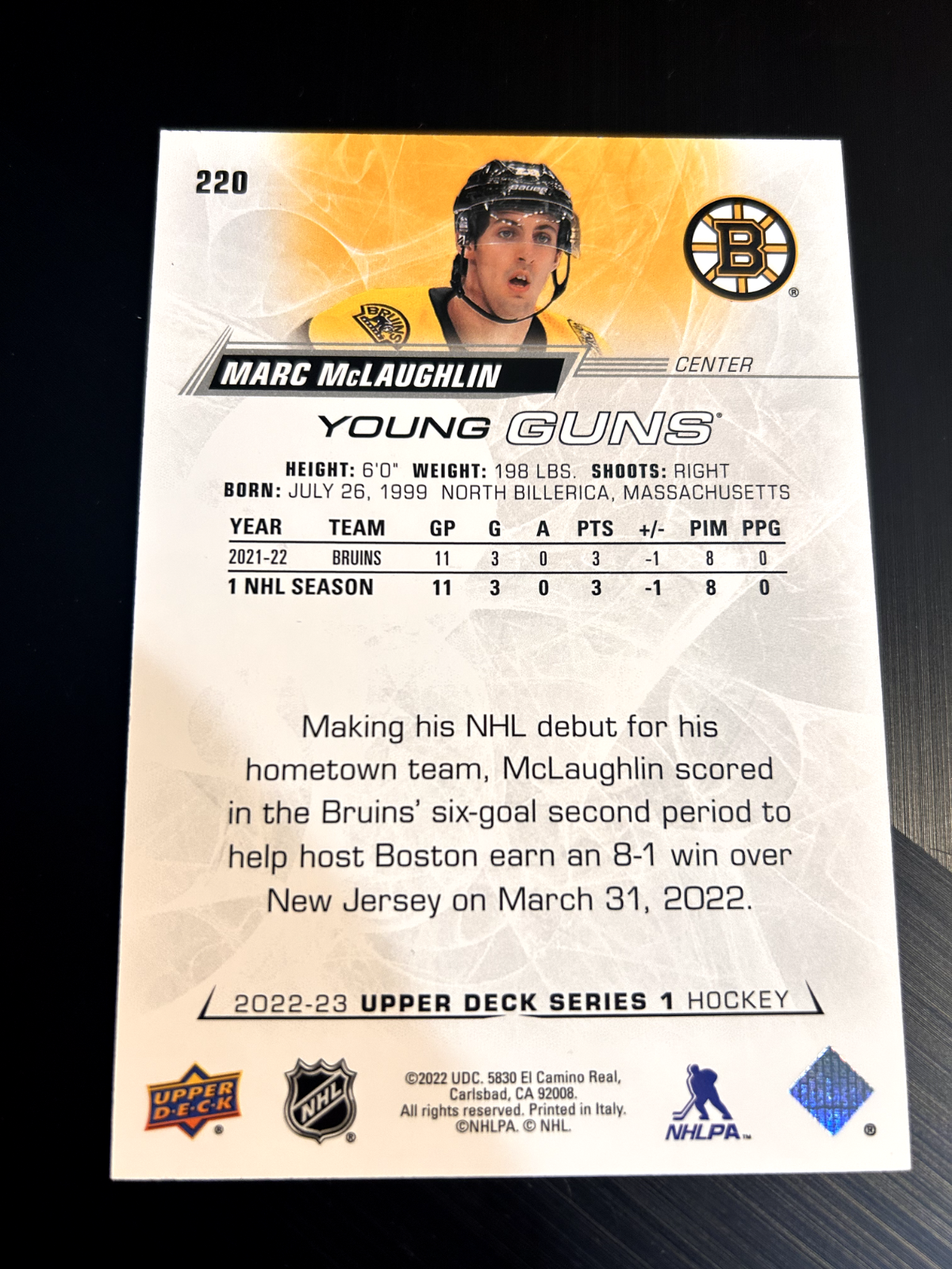 2022-23 Upper Deck Young Guns #220 Marc McLaughlin Boston Bruins JUMBO