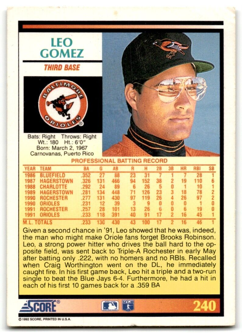 1992 Score Leo Gomez Baltimore Orioles #240