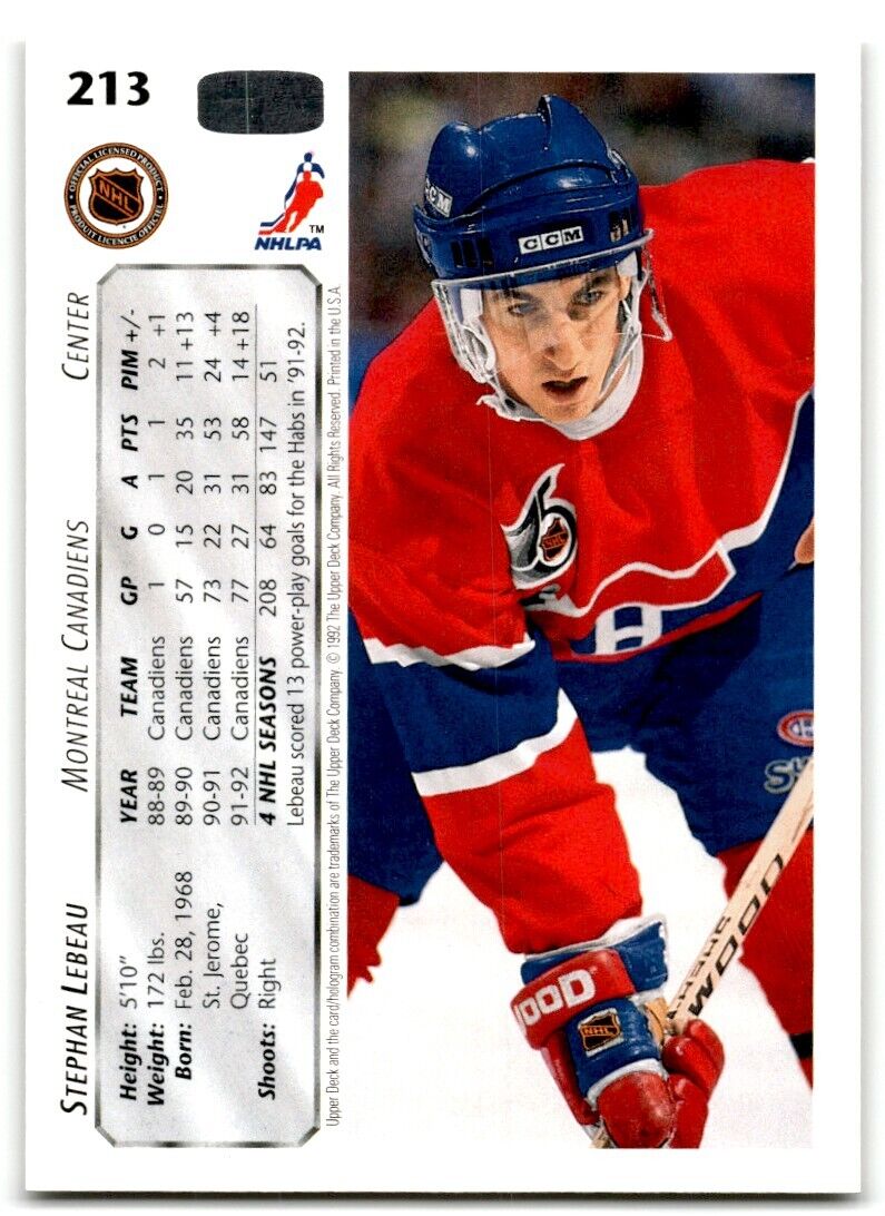 1992-93 Upper Deck Stephan Lebeau Montreal Canadiens #213