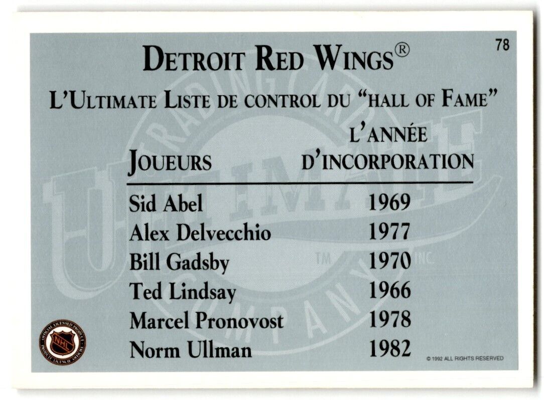 1991-92 Ultimate Original 6 French Norm Ullman Detroit Red Wings #78