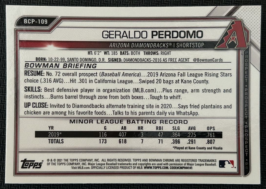 2021 Bowman Chrome Prospects Geraldo Perdomo Arizona Diamondbacks #BCP-109