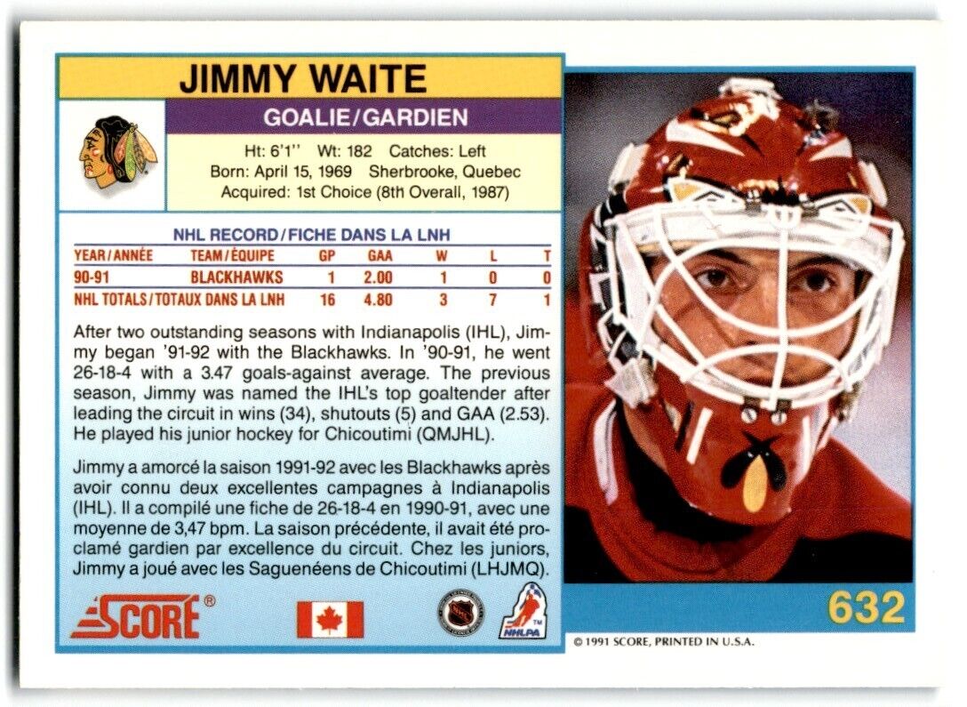 1991-92 Score Canadian Bilingual Jimmy Waite Chicago Blackhawks #632