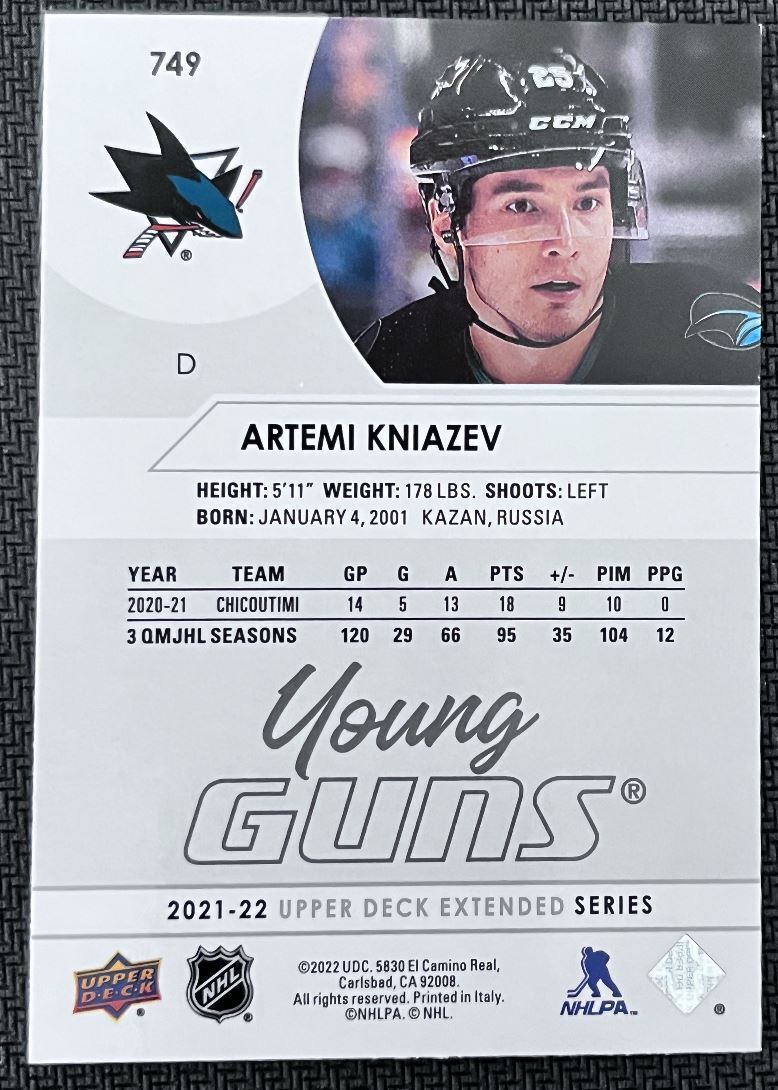 2021-22 Upper Deck Artemi Kniazev Rookie San Jose Sharks #749