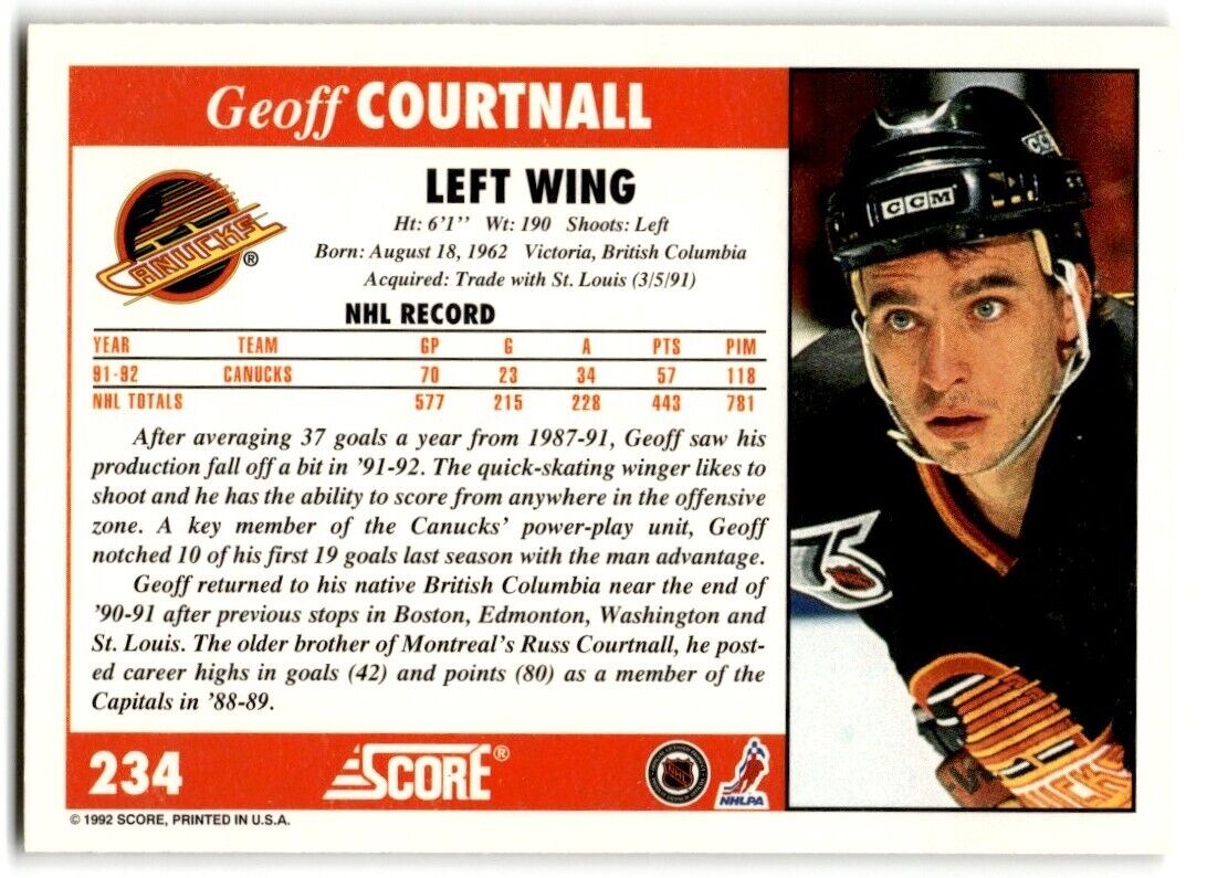 1992-93 Score Geoff Courtnall Vancouver Canucks #234