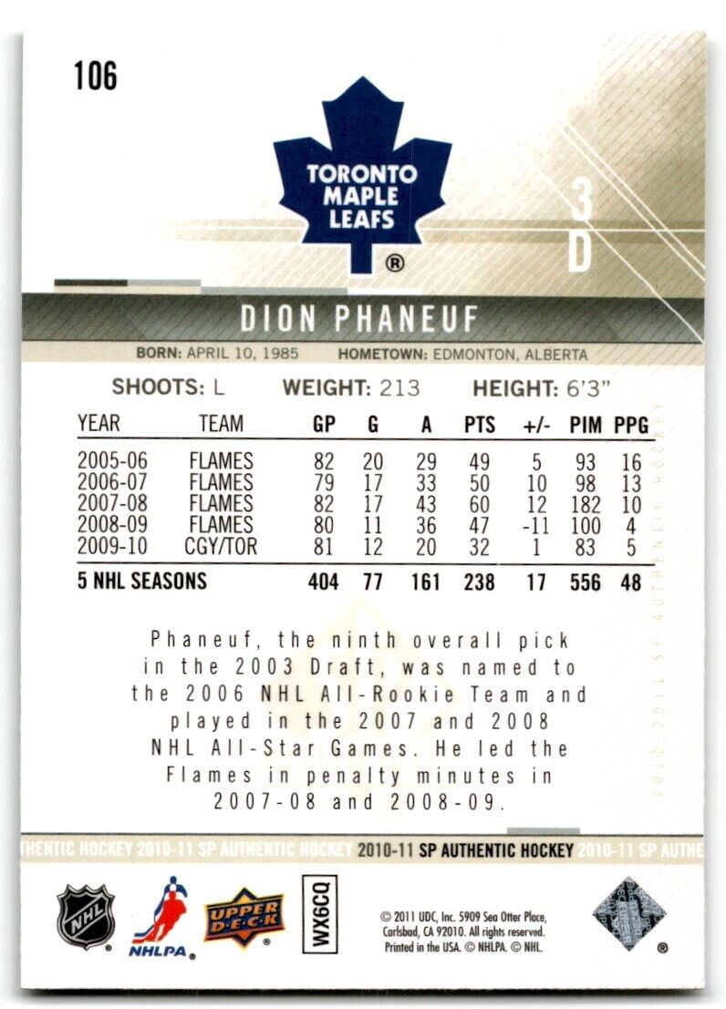 2010-11 SP Authentic Dion Phaneuf Toronto Maple Leafs #106