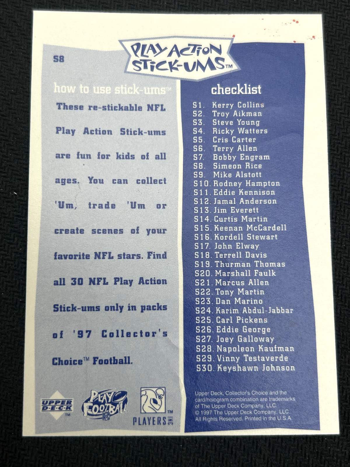 Larry Centers Play Action Stick-Ums Upper Deck 1997 Sticker Football Card # S8