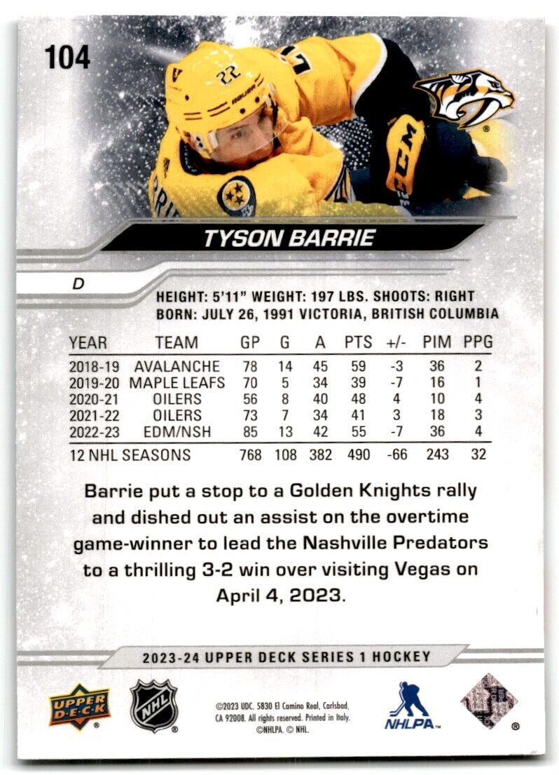 2023-24 Upper Deck Tyson Barrie Nashville Predators #104