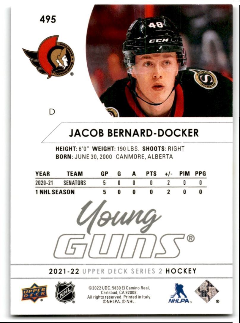 2021-22 Upper Deck Jacob Bernard-Docker Rookie Ottawa Senators #495