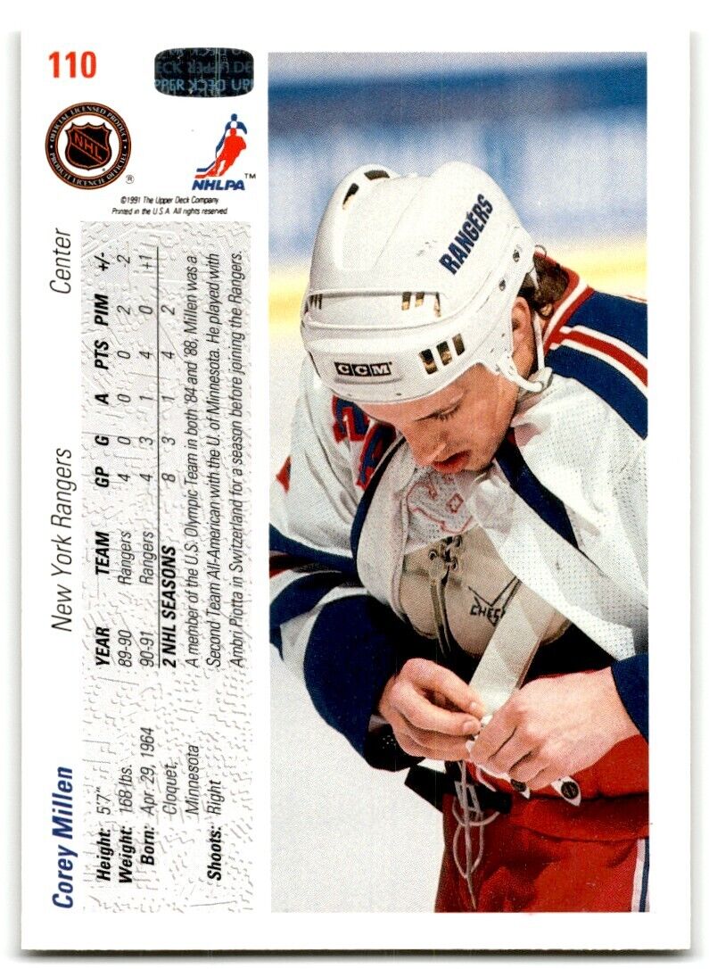 1991-92 Upper Deck Corey Millen Rookie New York Rangers #110