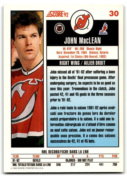 1992-93 Score John MacLean New Jersey Devils #30