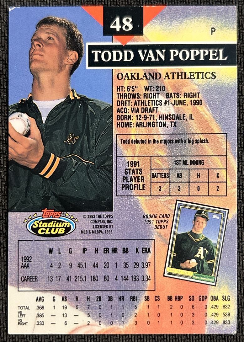 1993 Topps Stadium Club Todd Van Poppel Oakland Athletics #48