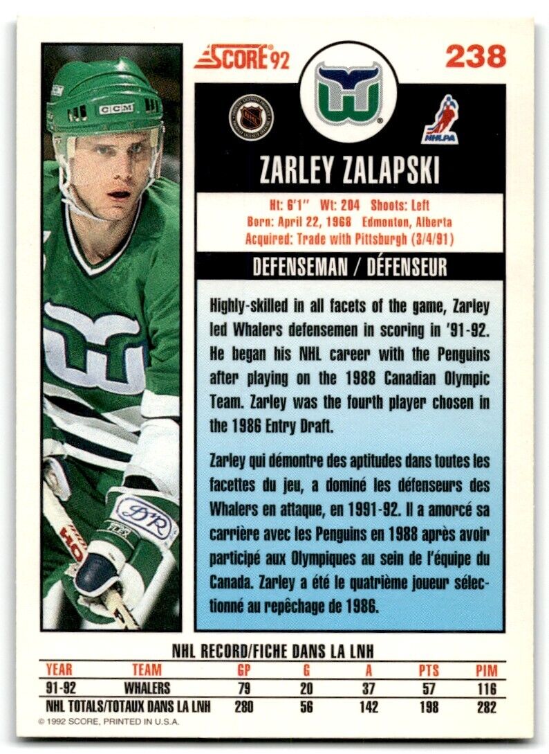 1992-93 Score Zarley Zalapski Hartford Whalers #238