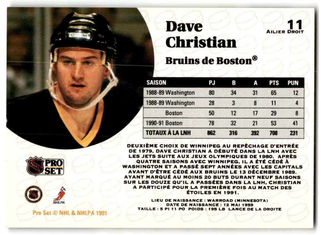 1991-92 Pro Set Dave Christian Boston Bruins #11