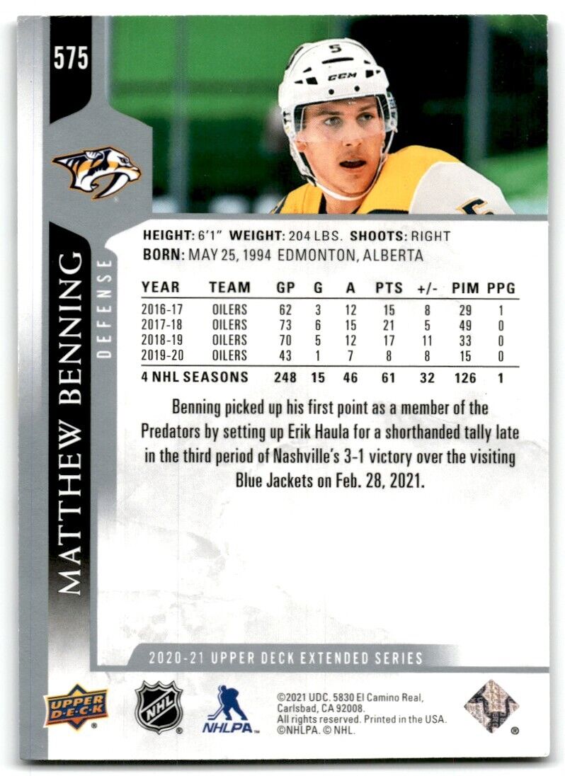 2020-21 Upper Deck Matthew Benning Nashville Predators #575