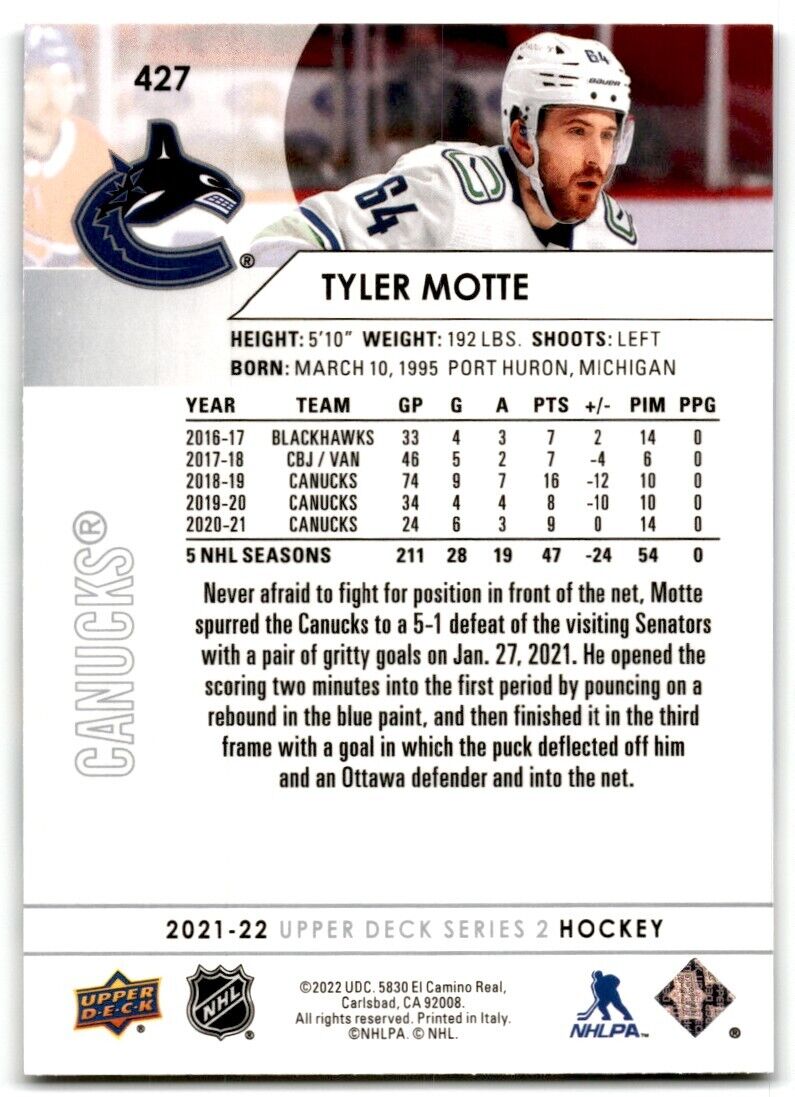 2021-22 Upper Deck Tyler Motte Vancouver Canucks #427