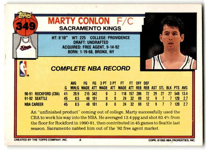 1992-93 Topps Marty Conlon Sacramento Kings #349