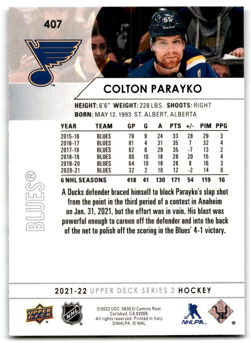 2021-22 Upper Deck Colton Parayko St. Louis Blues #407