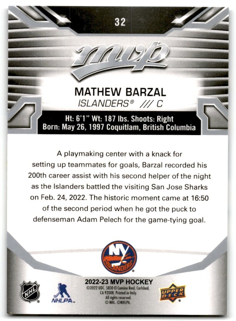 2022-23 Upper Deck MVP Silver Mathew Barzal New York Islanders #32