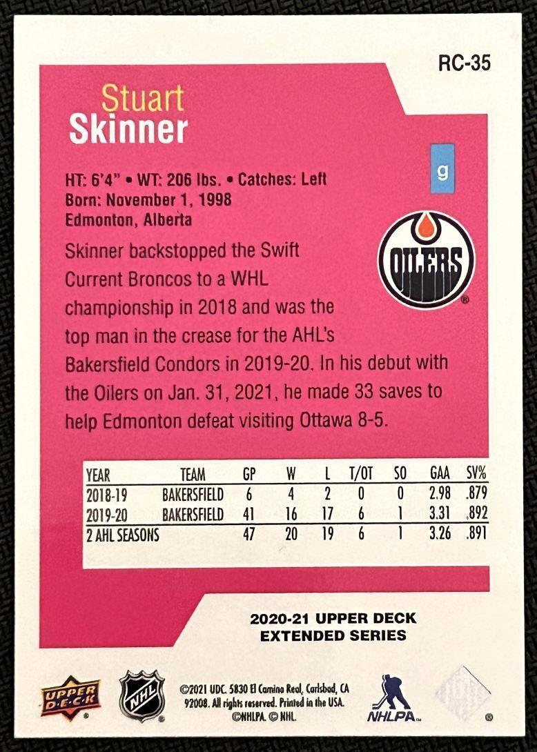 2020-21 Upper Deck Rookie Class Stuart Skinner Rookie Edmonton Oilers #RC-35