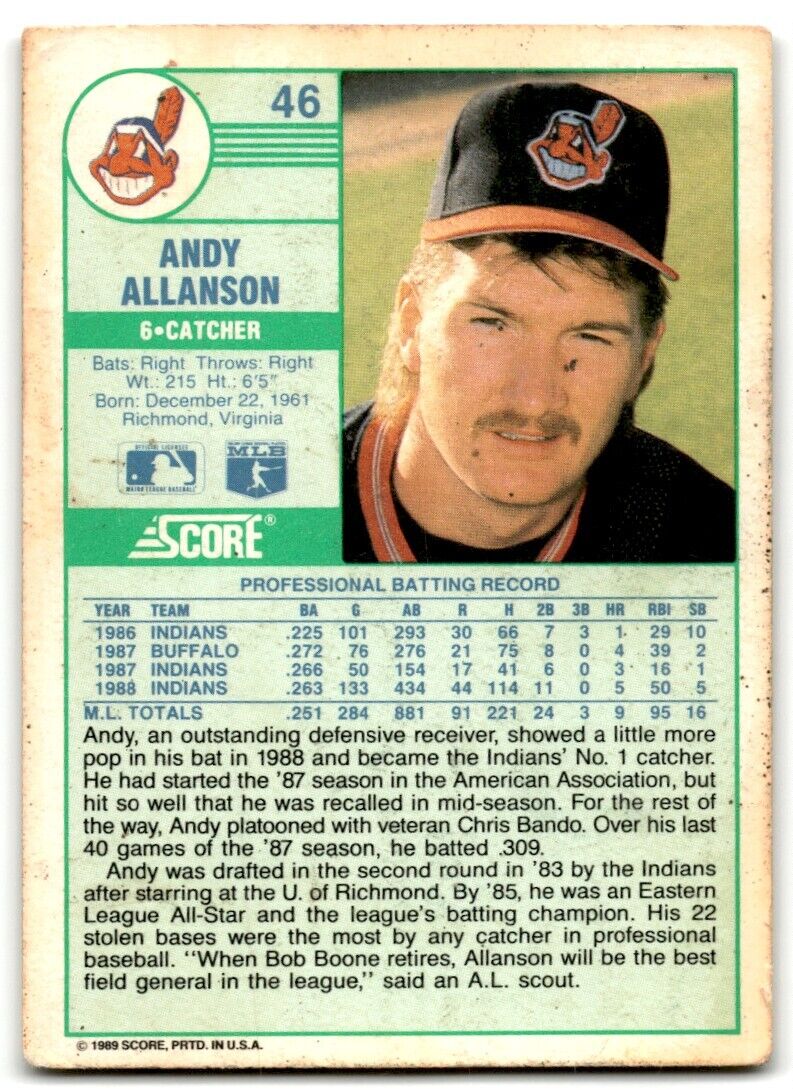 1989 Score Andy Allanson Cleveland Indians #46