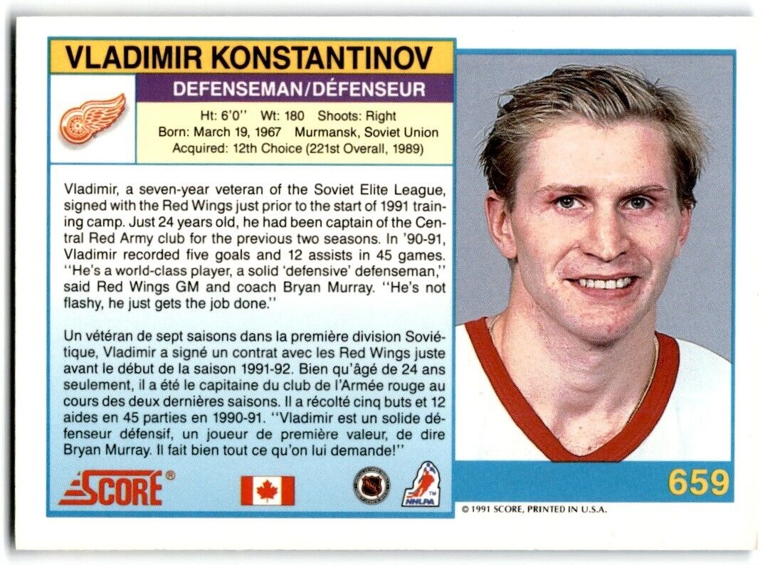 1991-92 Score Canadian Bilingual Vladimir Konstantinov Rookie Detroit Red Wings