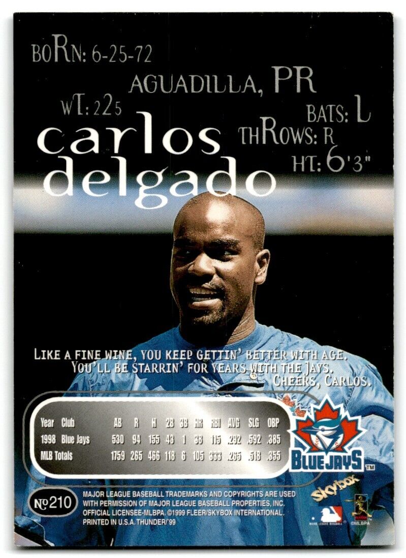 1999 SkyBox Thunder Carlos Delgado Toronto Blue Jays #210