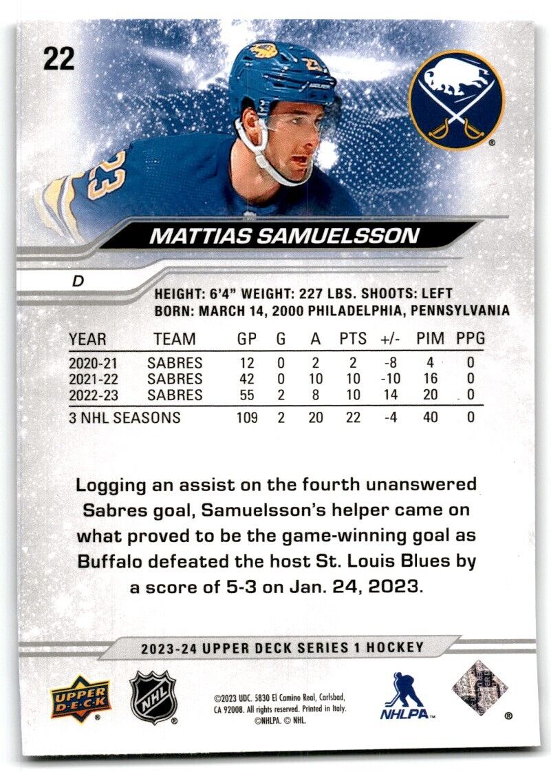 2023-24 Upper Deck Mattias Samuelsson Buffalo Sabres #22