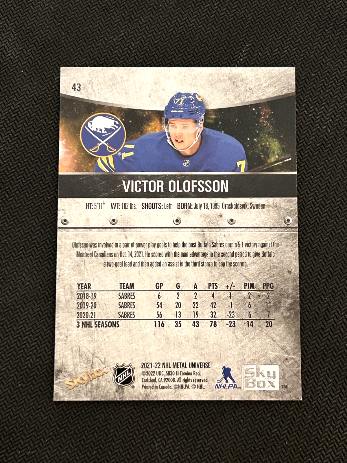 2021-22 Skybox Metal Universe Victor Olofsson Buffalo Sabres #43