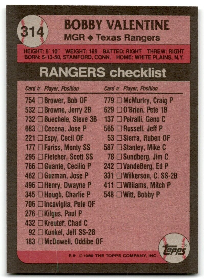 1989 Topps Bobby Valentine Texas Rangers #314