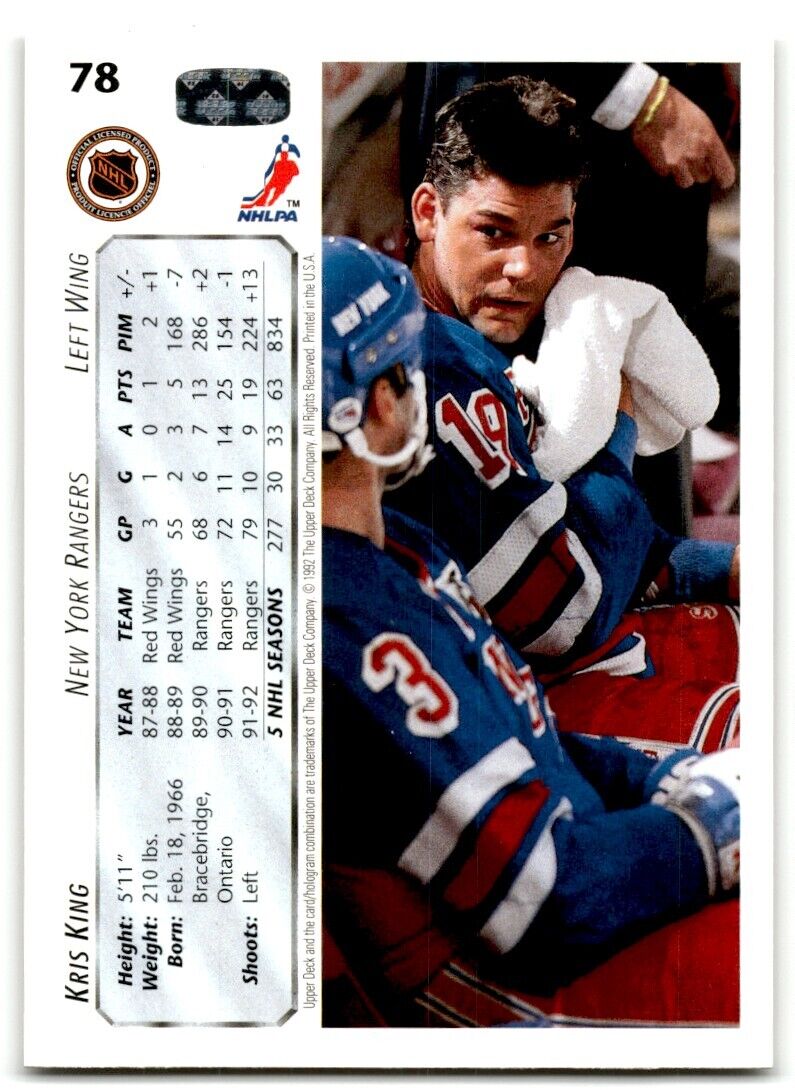 1992-93 Upper Deck Kris King New York Rangers #78