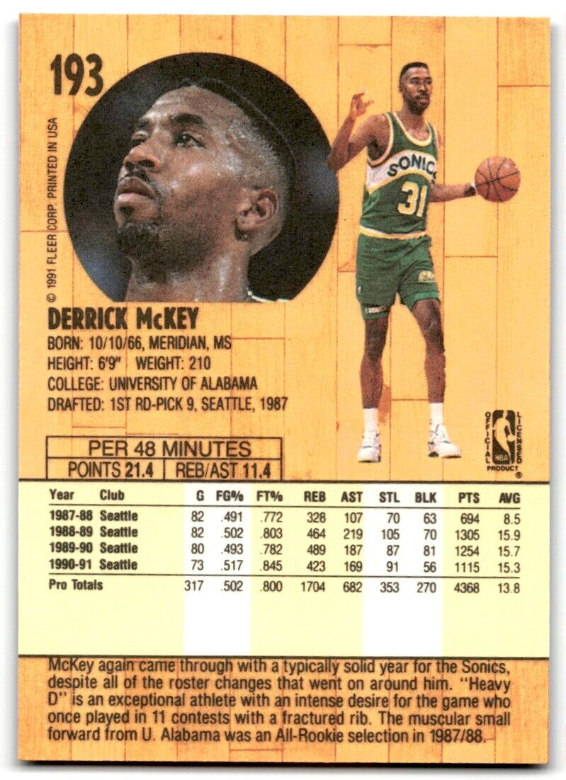 1991-92 Fleer Derrick McKey Seattle SuperSonics #193