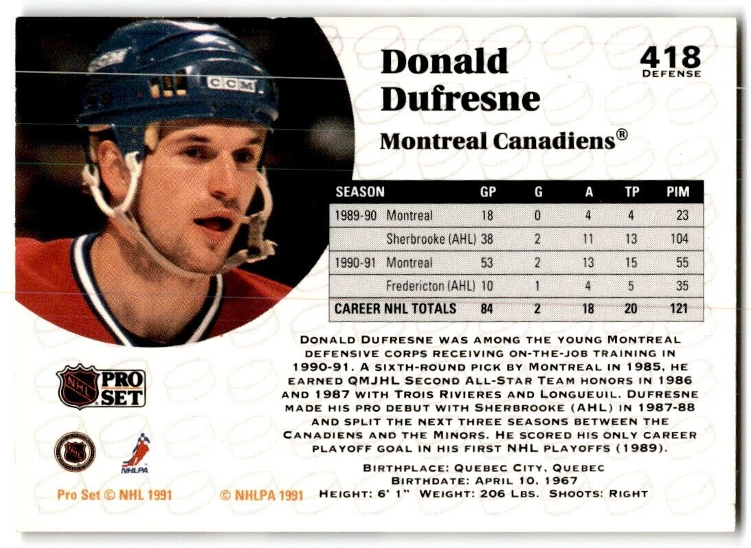 1991-92 Pro Set Donald Dufresne Montreal Canadiens #418