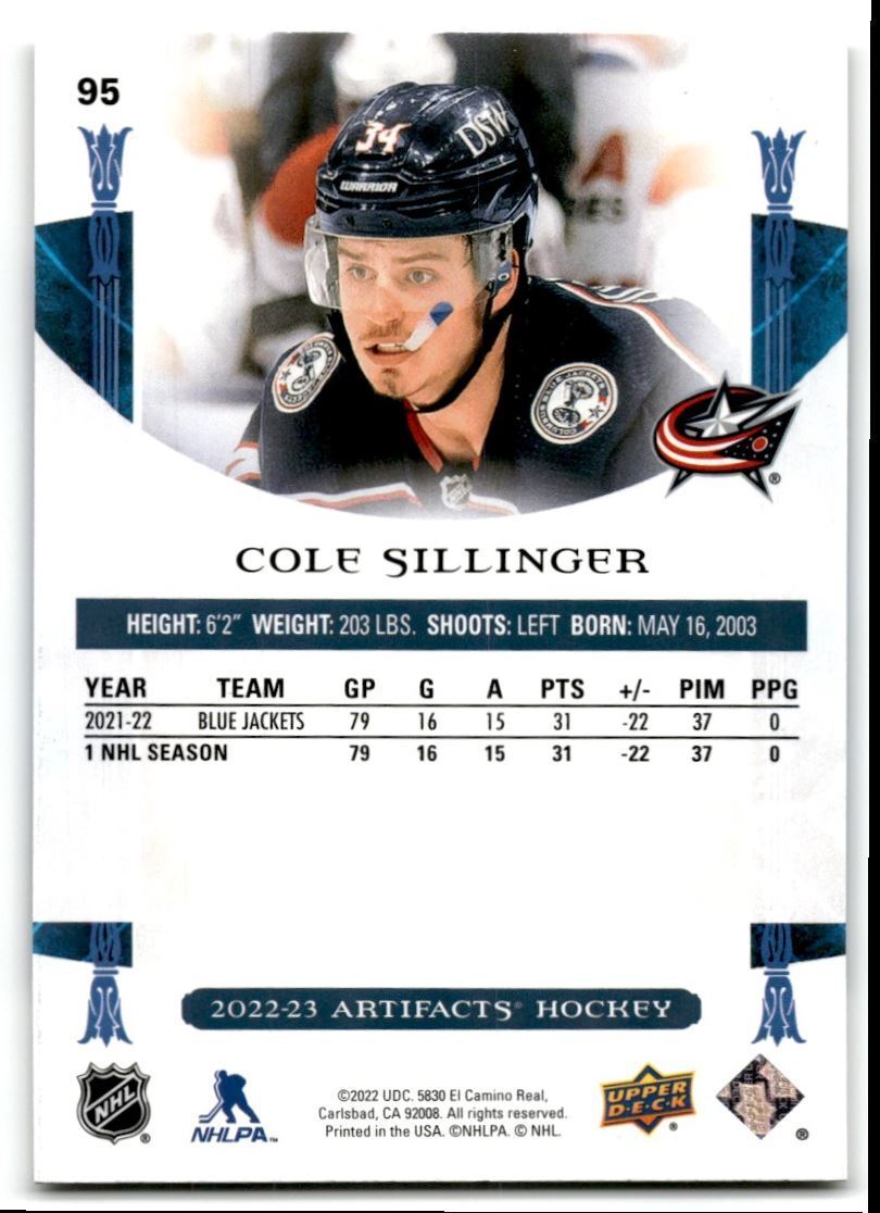 2022-23 Upper Deck Artifacts Cole Sillinger Columbus Blue Jackets #95