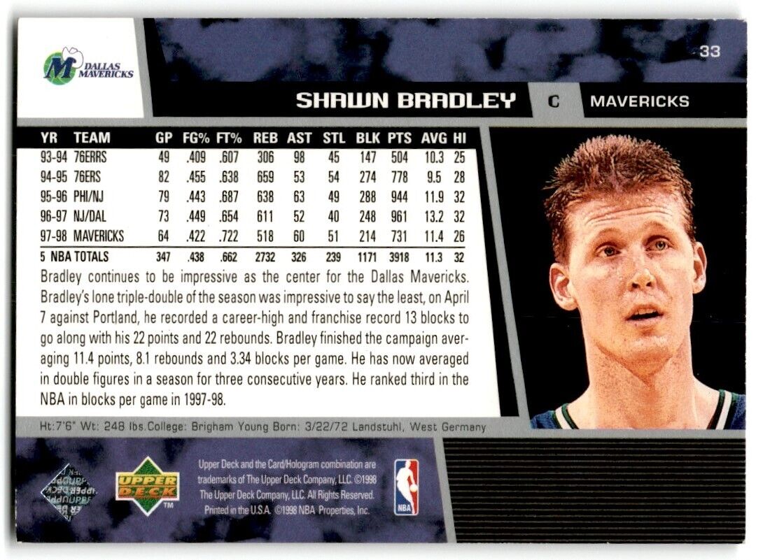 1998-99 Upper Deck Shawn Bradley Dallas Mavericks #33