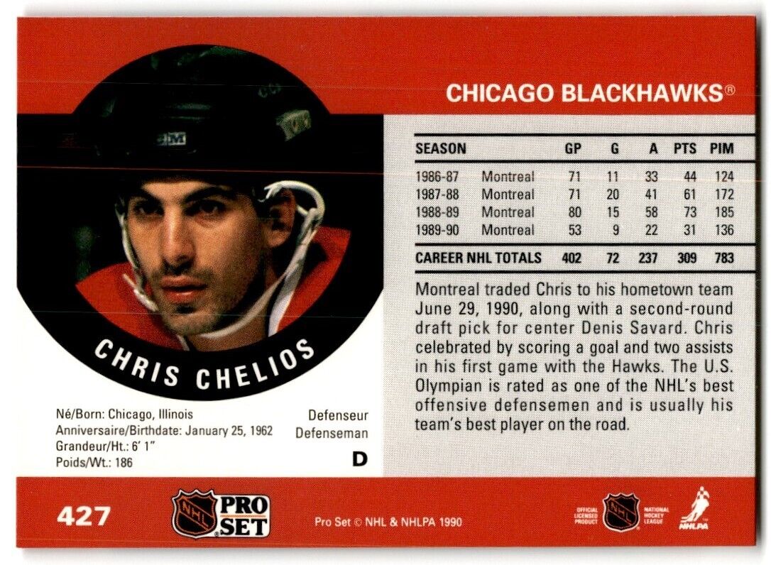 1990-91 Pro Set Chris Chelios Chicago Blackhawks #427