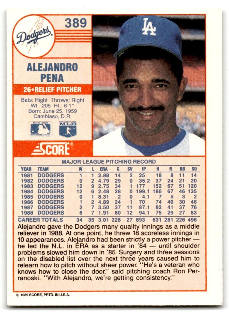 1989 Score Alejandro Pena Los Angeles Dodgers #389