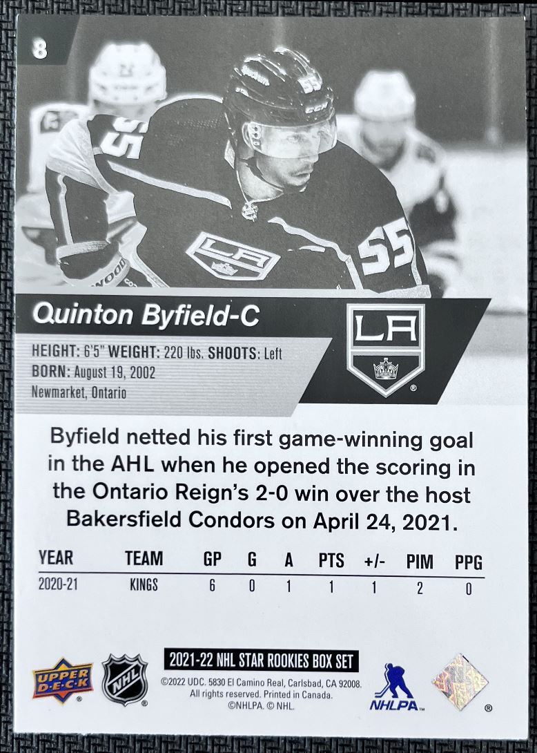 2021-22 Upper Deck NHL Star Rookie Quinton Byfield Rookie Los Angeles Kings #8