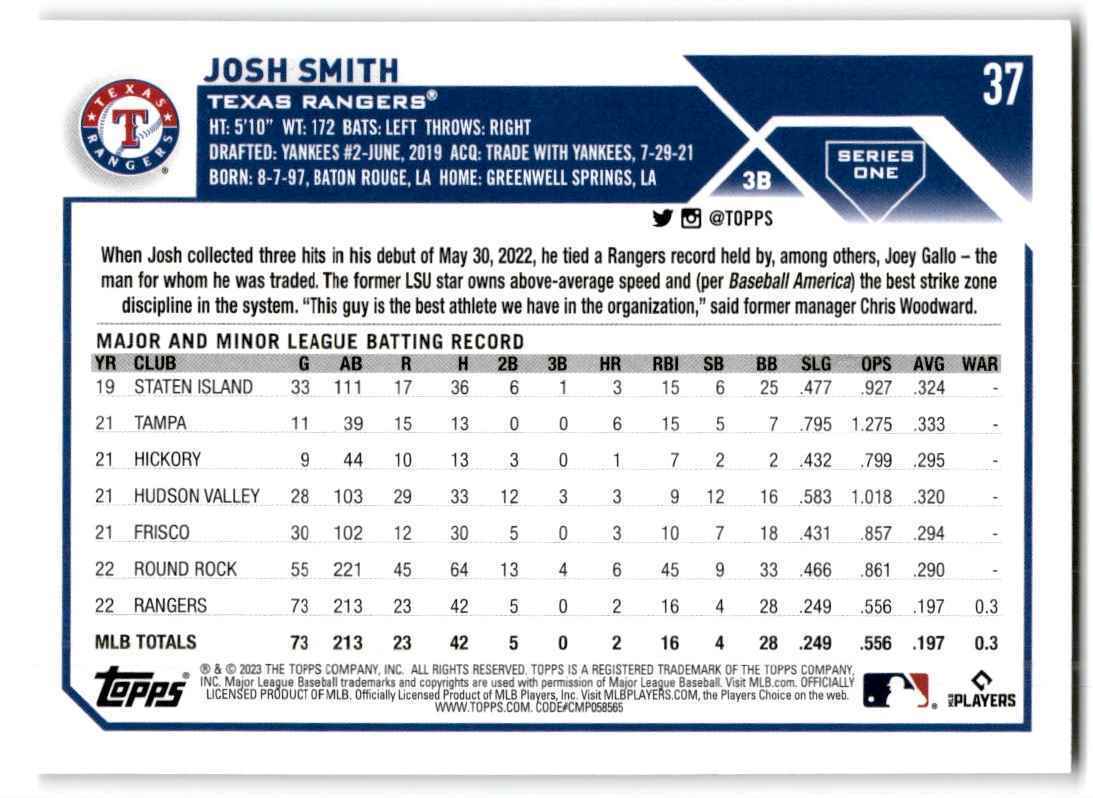 2023 Topps Josh Smith Rookie Texas Rangers #37